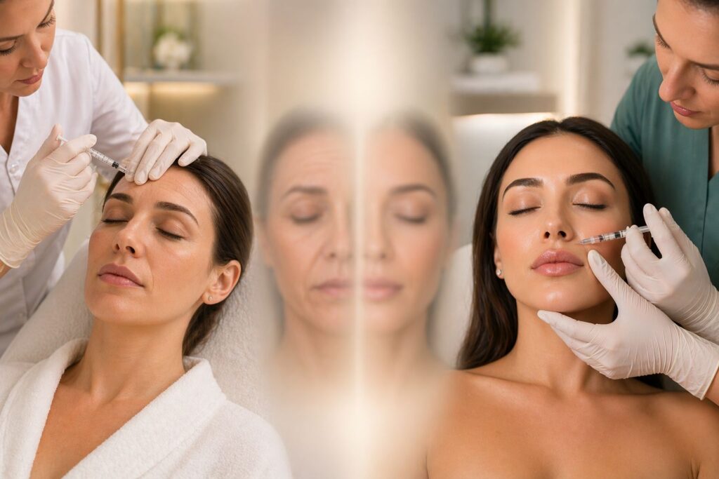 Botox vs dermal fillers comparison treatment in Bel Air MD showing wrinkle reduction and facial volume enhancement