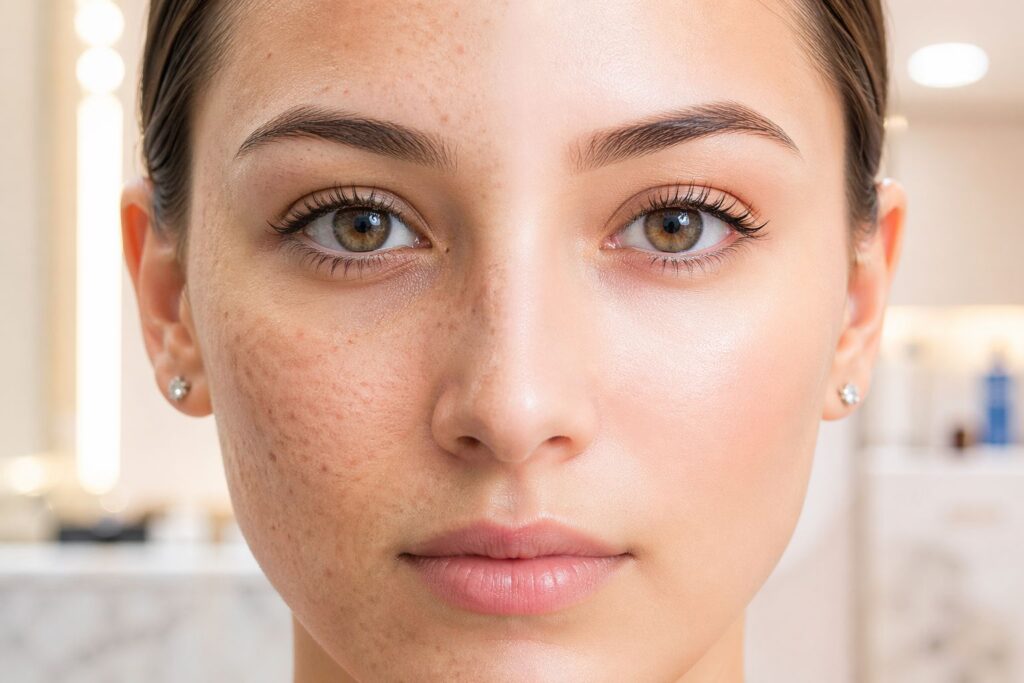 Fraxel Bel Air MD before and after skin resurfacing showing acne scars, uneven texture, and smoother clear skin results