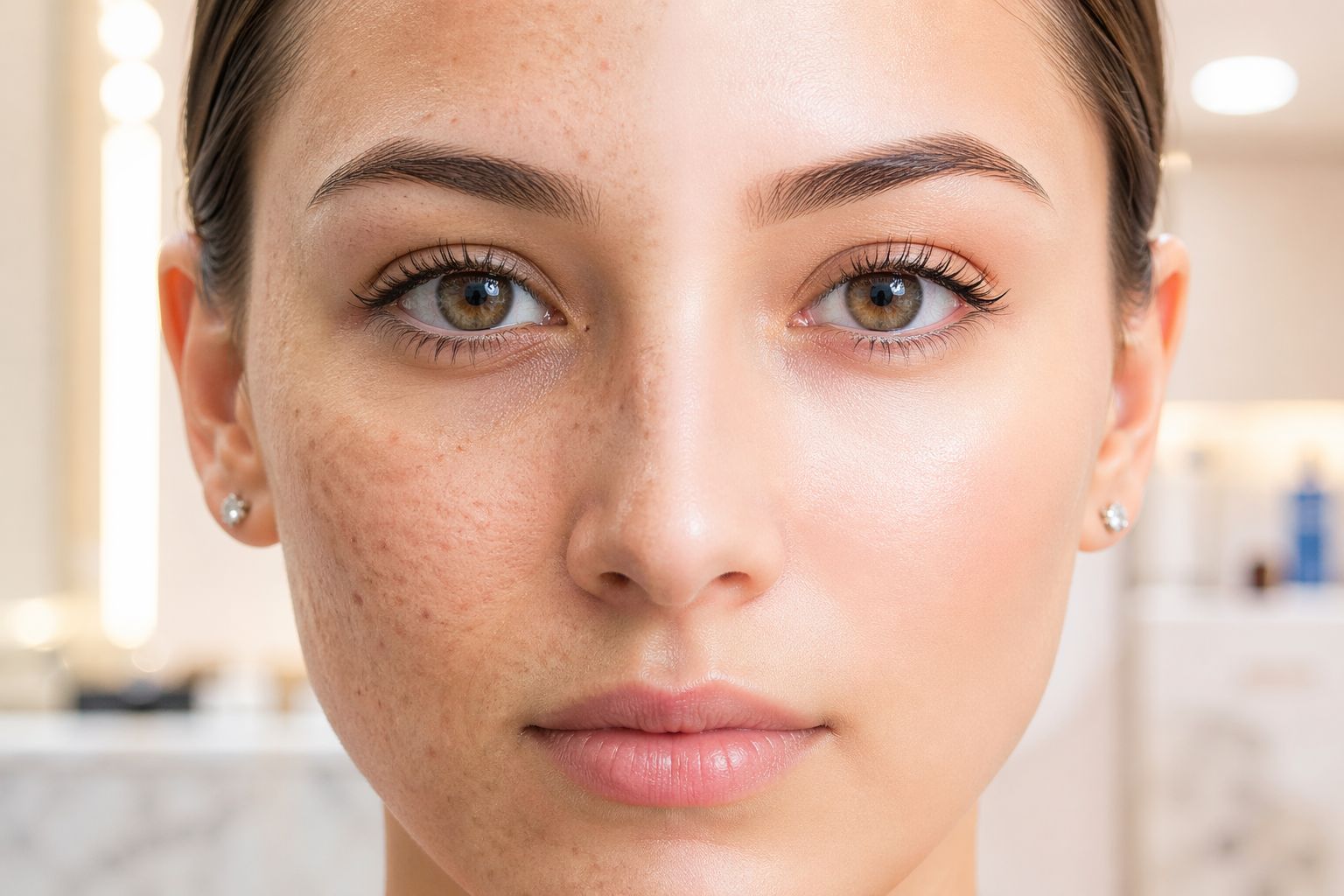 Fraxel Bel Air MD before and after skin resurfacing showing acne scars, uneven texture, and smoother clear skin results