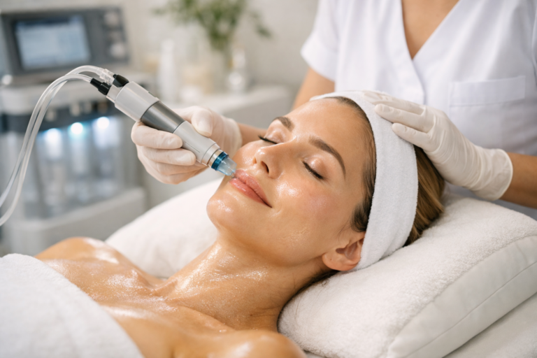 Medical HydraFacial treatment in Bel Air MD showing glowing hydrated skin and deep cleansing process
