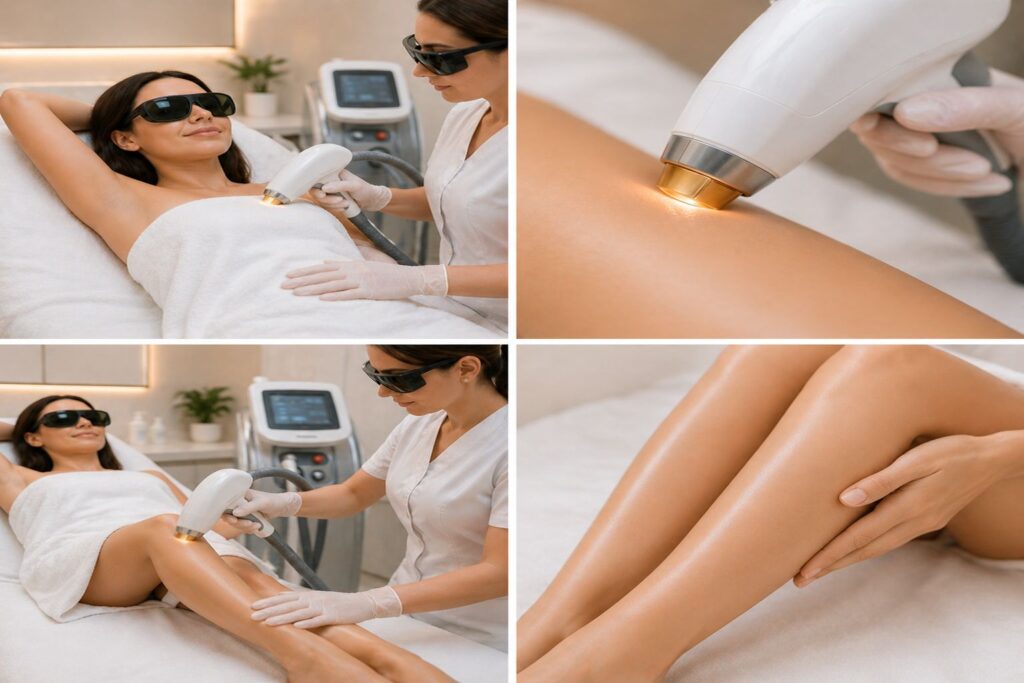 Laser hair removal treatment and results at Bala Medispa in Bel Air, MD showing underarm and leg hair reduction with smooth skin results