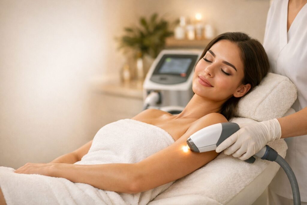Woman receiving laser hair removal treatment at a medical spa in Bel Air MD with advanced laser technology for smooth hair-free skin