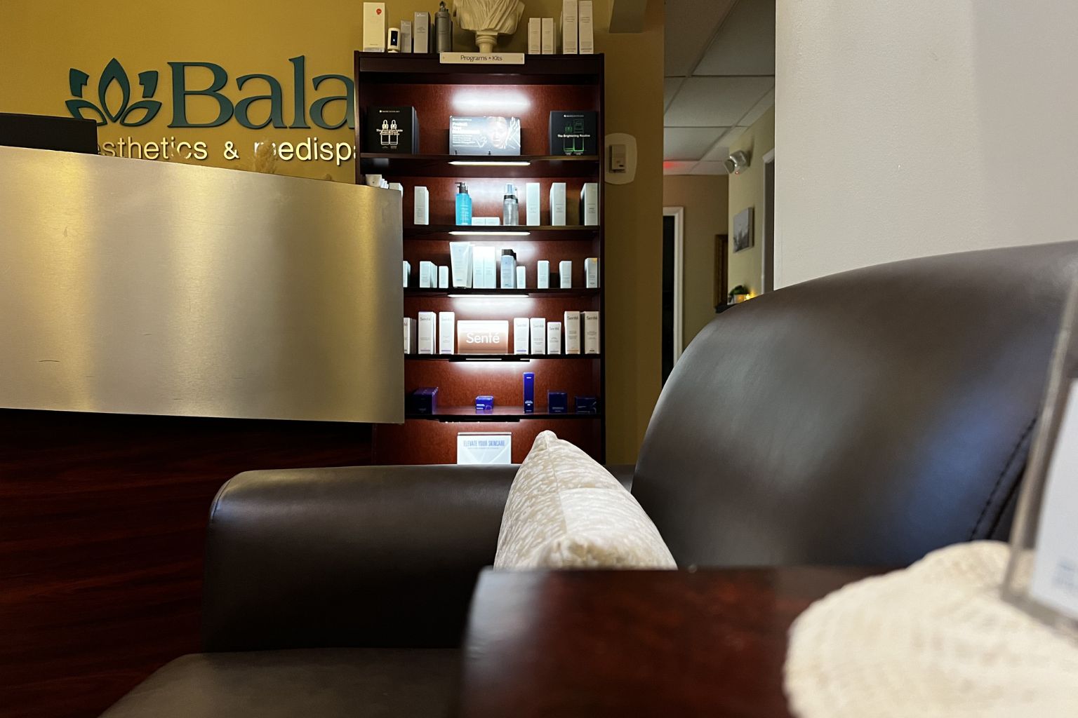 Luxury med spa interior in Bel Air MD at Bala Medi Spa showing reception area and skincare products display