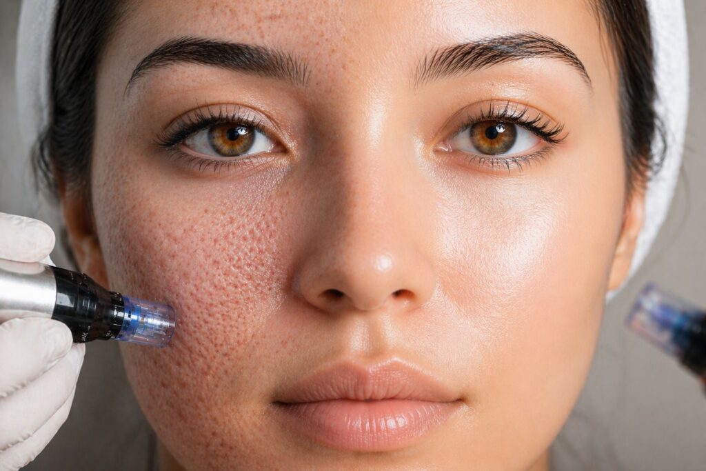 Microneedling for collagen boost in Bel Air MD showing acne scars and skin rejuvenation with dermapen treatment