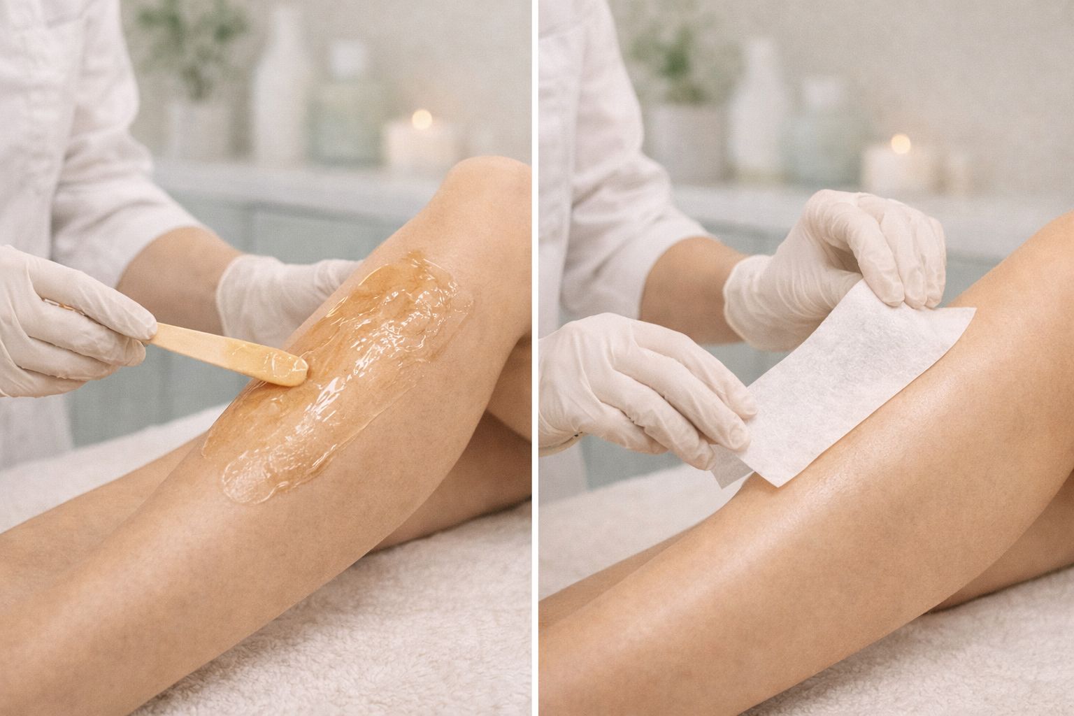 Professional waxing treatment at Bala Medispa showing wax application and strip removal on legs