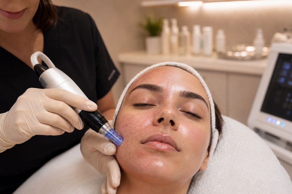 Microneedling treatment showing gradual skin rejuvenation and collagen improvement with dermapen device