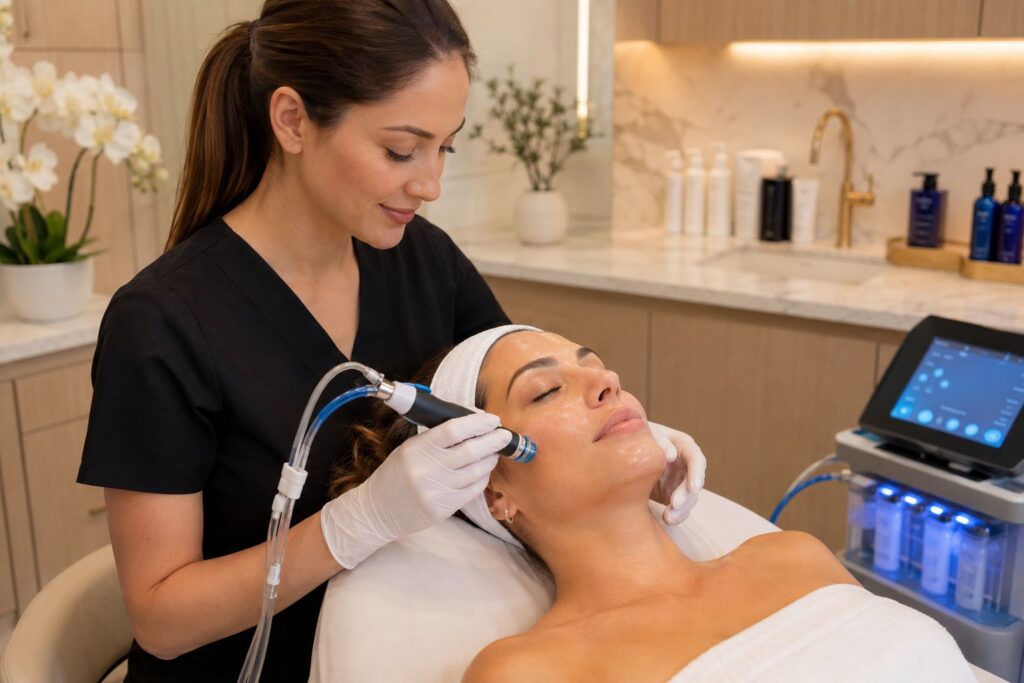 Licensed aesthetic provider performing a professional Hydrafacial treatment on a woman inside a luxury medical spa in Bel Air, MD.