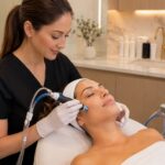 Licensed aesthetic provider performing a professional Hydrafacial treatment on a woman inside a luxury medical spa in Bel Air, MD.