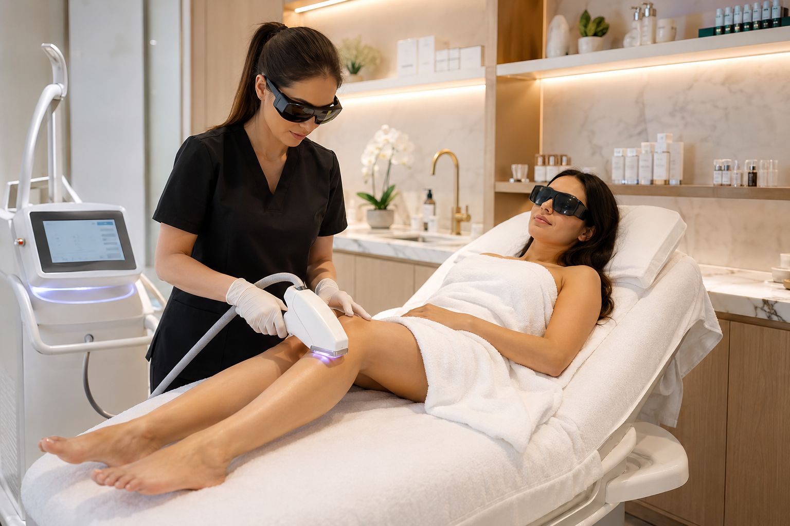 Licensed aesthetic provider performing laser hair removal on a woman's lower leg using advanced laser technology at Bala MediSpa in Bel Air, MD.