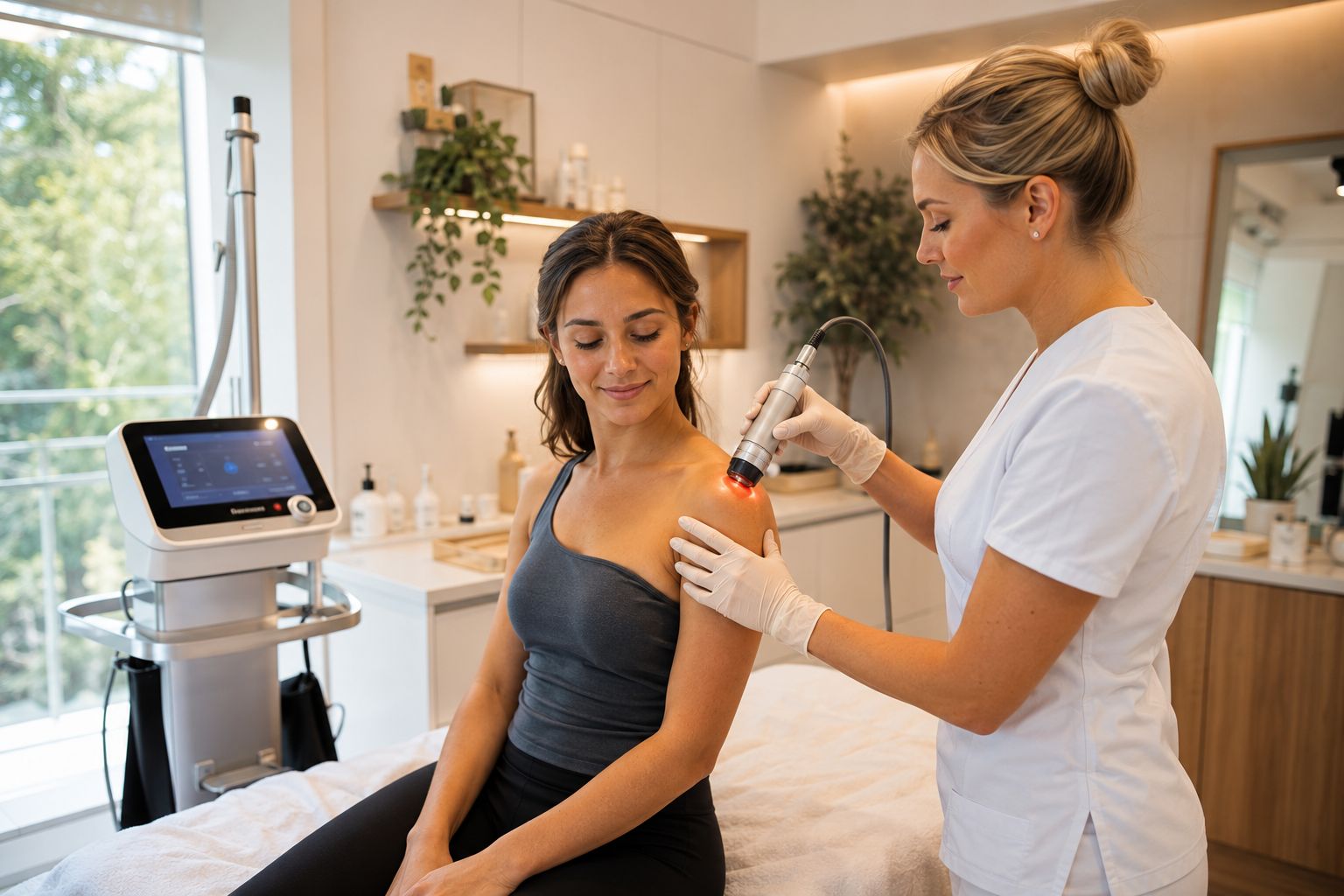 Licensed provider performing Rhein Laser Therapy using an FDA-cleared Class IV laser at Bala MediSpa in Bel Air, MD.