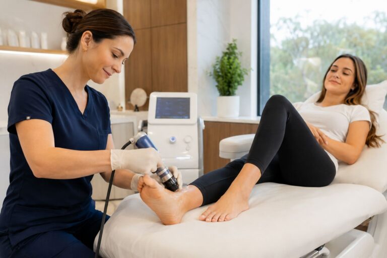 Licensed provider performing Shockwave Therapy for chronic musculoskeletal pain at Bala MediSpa in Bel Air, MD using a non-invasive ESWT device.