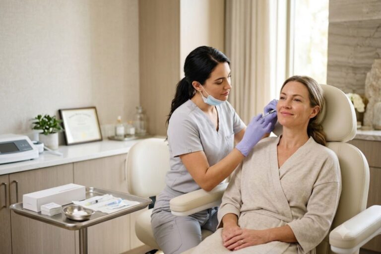 Woman receiving dermal filler treatment for natural facial rejuvenation at Bala Medi Spa in Bel Air, MD.