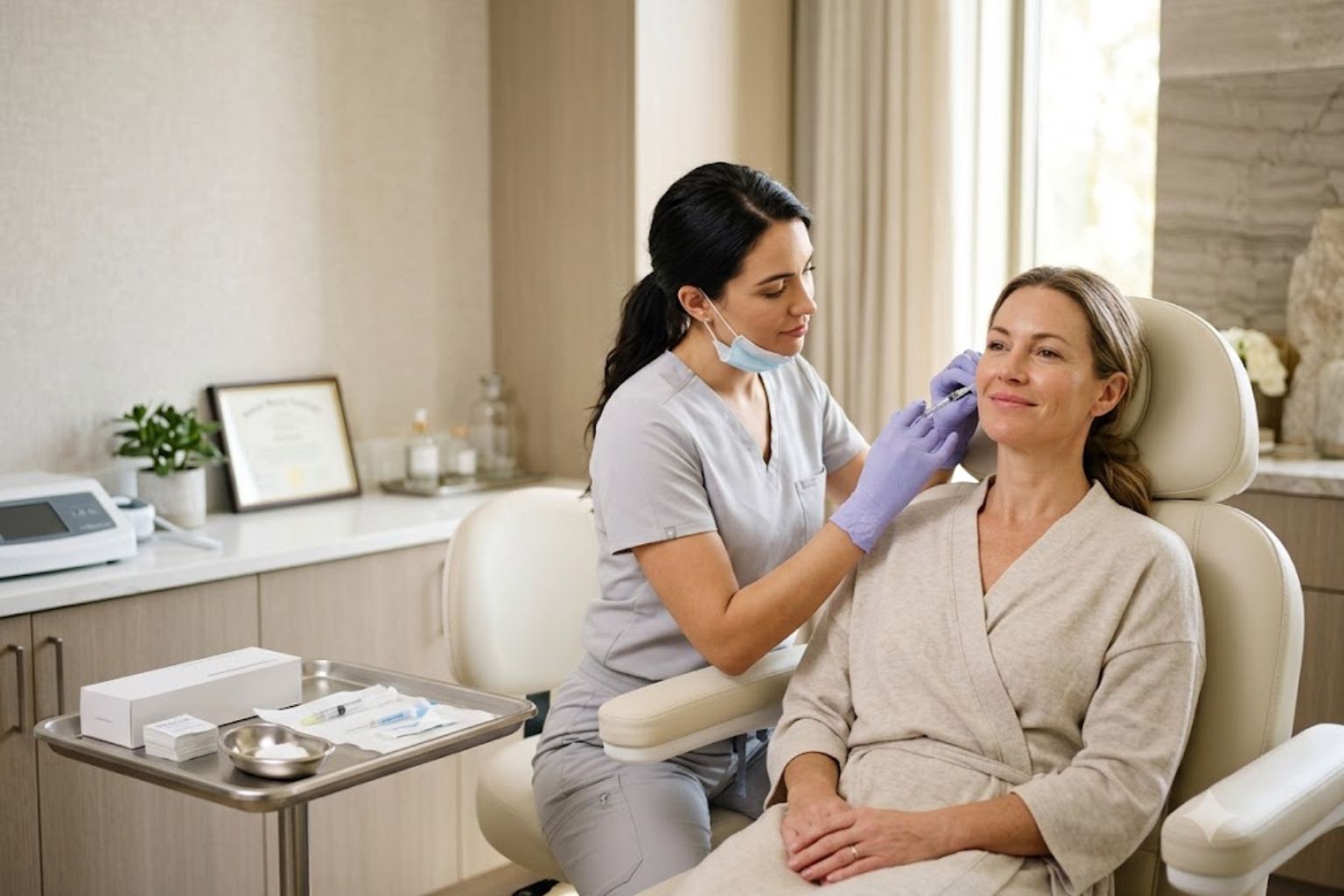 Woman receiving dermal filler treatment for natural facial rejuvenation at Bala Medi Spa in Bel Air, MD.
