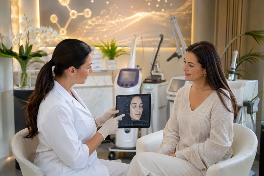 Licensed aesthetic provider consulting with a patient at Bala Medi Spa in Bel Air, MD about personalized skin rejuvenation and non-surgical aesthetic treatments.