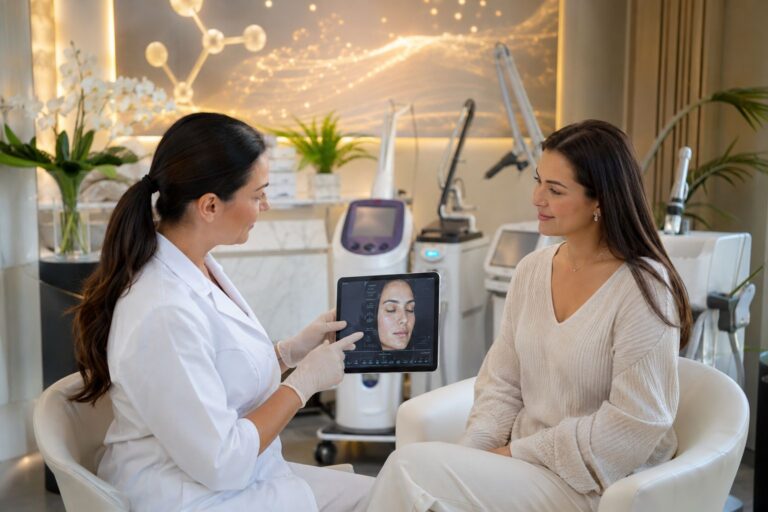 Licensed aesthetic provider consulting with a patient at Bala Medi Spa in Bel Air, MD about personalized skin rejuvenation and non-surgical aesthetic treatments.