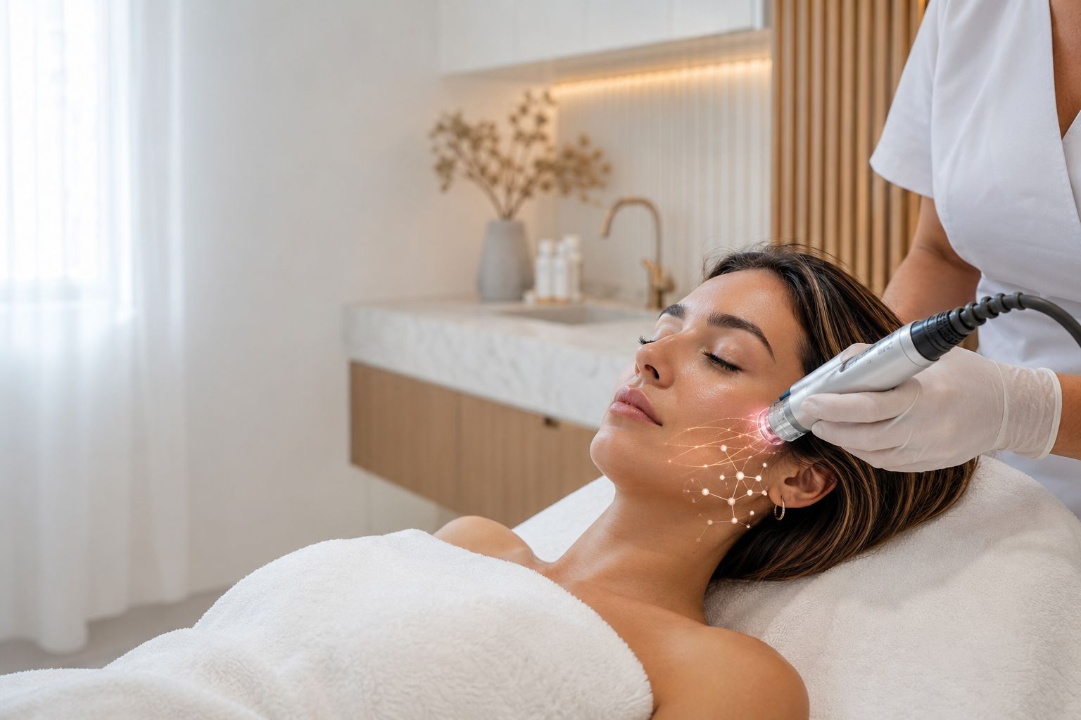Woman receiving RF microneedling treatment to improve collagen production, skin texture, and firmness at a medical spa.