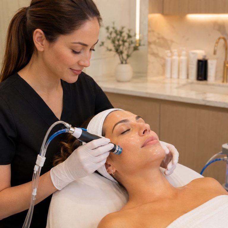Licensed aesthetic provider performing a professional Hydrafacial treatment on a woman inside a luxury medical spa in Bel Air, MD.