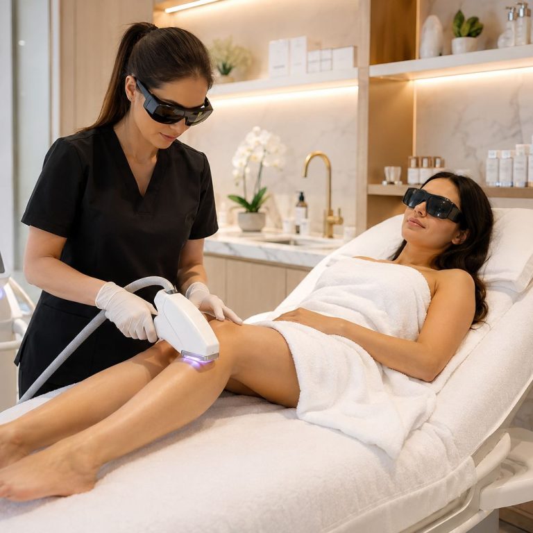 Licensed aesthetic provider performing laser hair removal on a woman's lower leg using advanced laser technology at Bala MediSpa in Bel Air, MD.