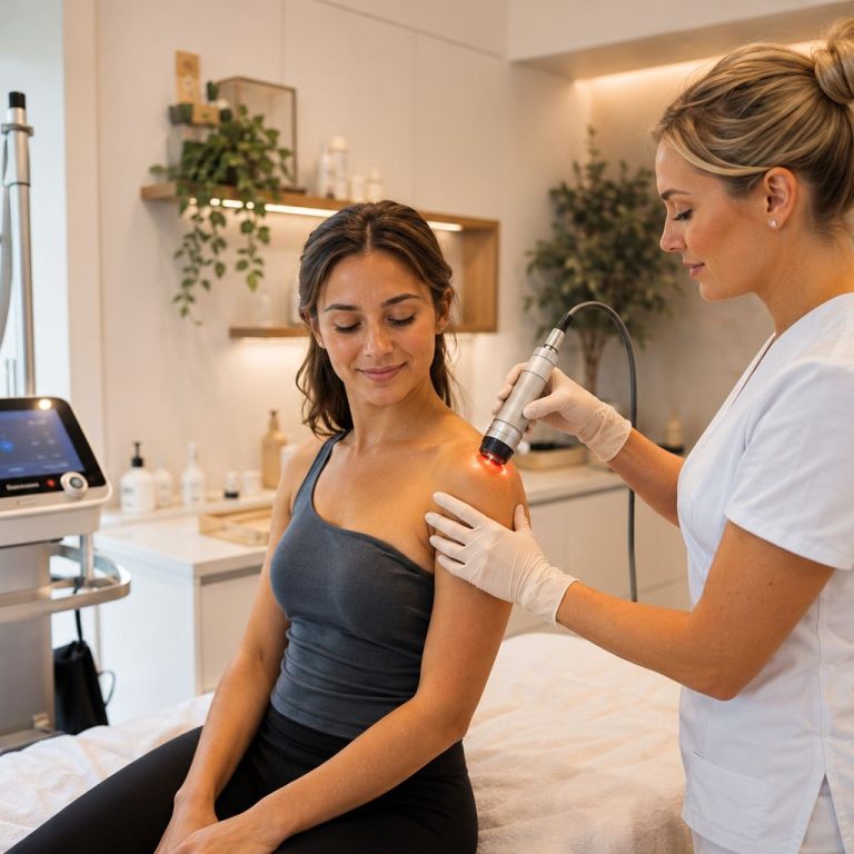 Licensed provider performing Rhein Laser Therapy using an FDA-cleared Class IV laser at Bala MediSpa in Bel Air, MD.