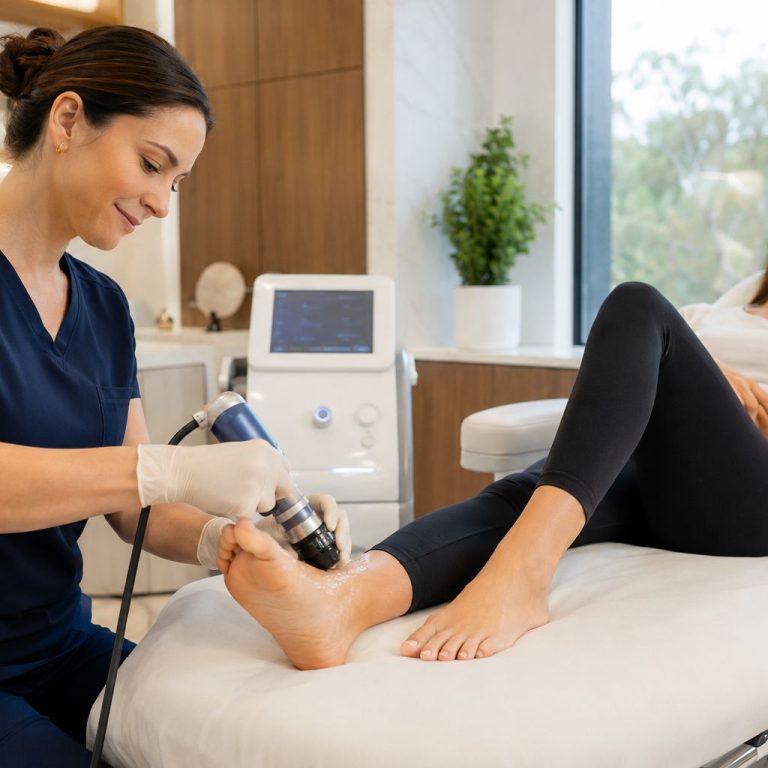 Licensed provider performing Shockwave Therapy for chronic musculoskeletal pain at Bala MediSpa in Bel Air, MD using a non-invasive ESWT device.