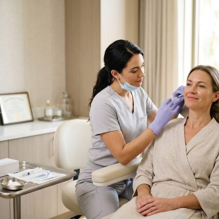 Woman receiving dermal filler treatment for natural facial rejuvenation at Bala Medi Spa in Bel Air, MD.