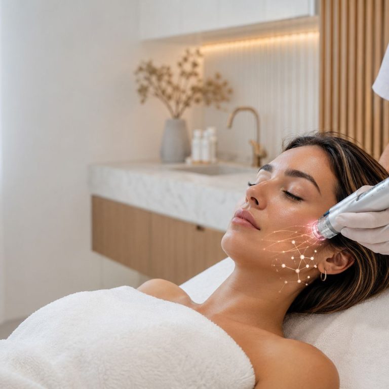 Woman receiving RF microneedling treatment to improve collagen production, skin texture, and firmness at a medical spa.